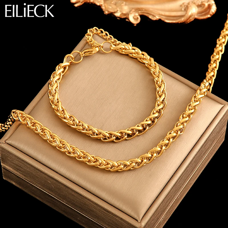 EILIECK 316L Łańcuchy ze stali nierdzewnej Naszyjniki Bransoletka Zestaw biżuterii dla kobiet Złoty kolor Metal 18 K Plated Collar Bijoux Gift