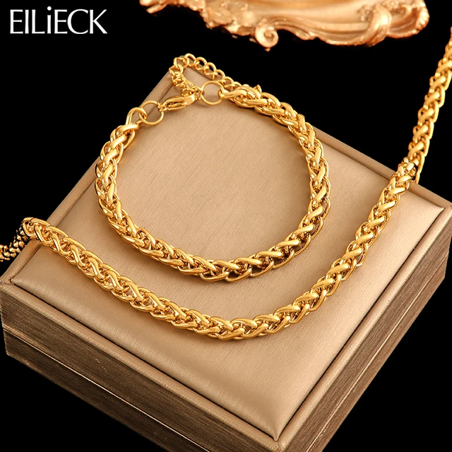 EILIECK 316L Łańcuchy ze stali nierdzewnej Naszyjniki Bransoletka Zestaw biżuterii dla kobiet Złoty kolor Metal 18 K Plated Collar Bijoux Gift