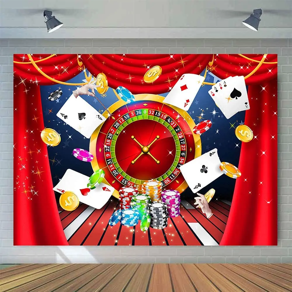 

Casino Games Photography Backdrop Red Curtain Chips Playing Cards Background Magic Show Venue Stage Photo Booth Props