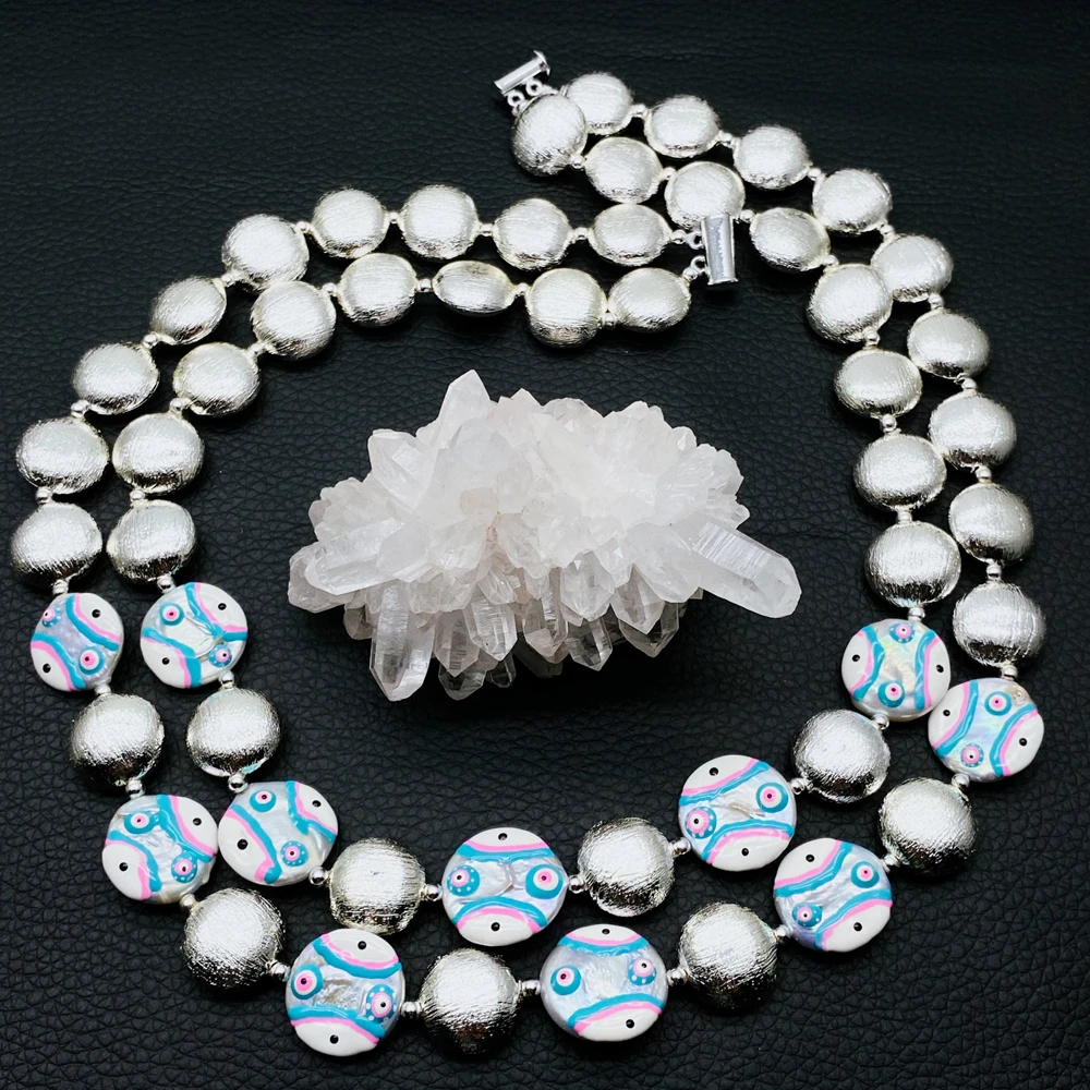 

2 strands coin shape silver Matte Finish Cultured White Coin Pearl Blue Pink Enamel Bead Statement Necklace