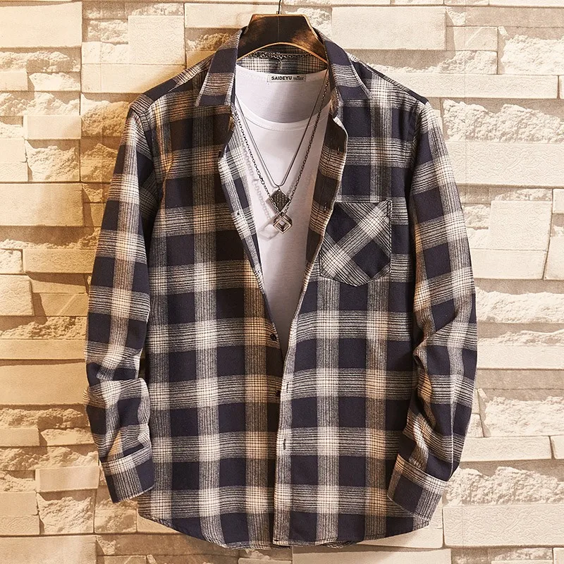 2026 New Men Casual Plaid Flannel Shirt Long-Sleeved Chest  with Pocket Design Fashion Boy Young Button Clothes