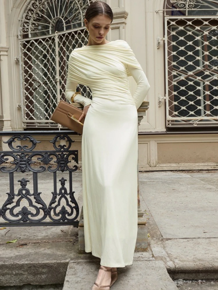 Elegancka sukienka wieczorowa z marszczeniami, długim rękawem, w jednolitym kolorze, damska, szykowna, z wysokim stanem, z zakładkami, asymetryczna długa sukienka maxi, suknie damskie.