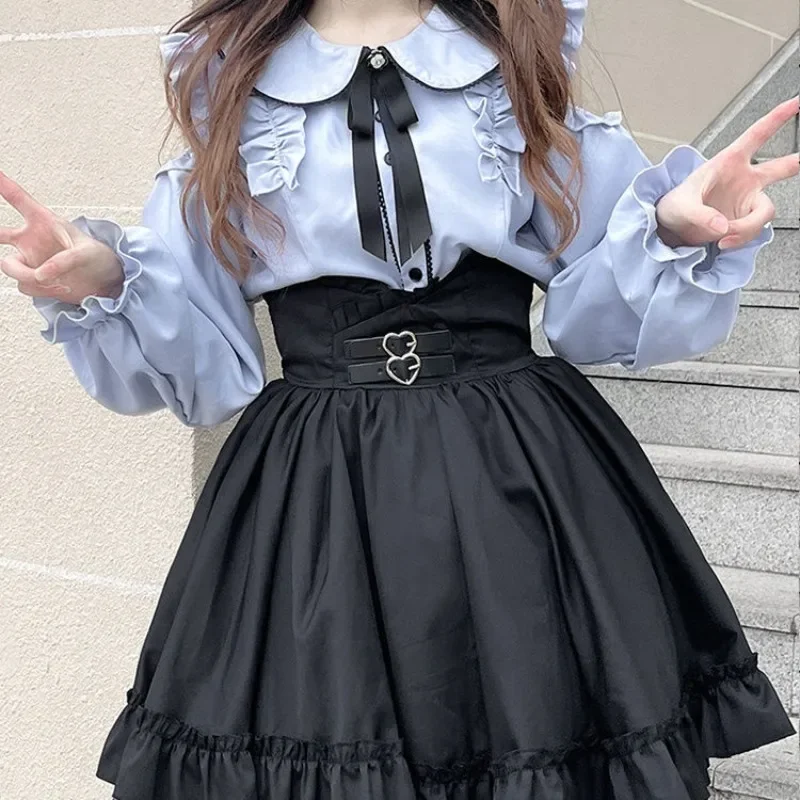 

Sweet Peter Pan Collar Off Shoulder Long Sleeve Shirts Women+ Y2k Slim Waist A-line Skirts 2025 Summer New Two Piece Sets