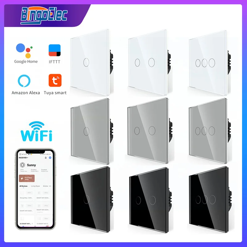 Tuya Smart Switch Voice Control WiFi Wireless Wall Switches Touch Sensor LED Light Switch Smart Life Alexa Google Home Bingoele