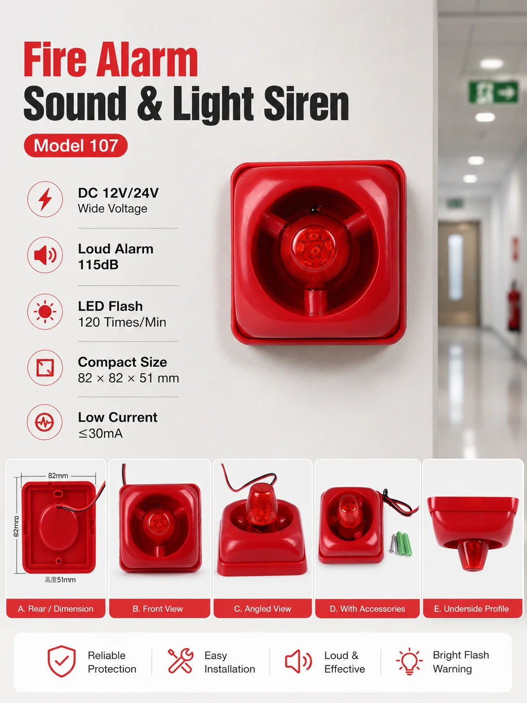 DC 12V 24V Warning Siren, 115dB sound & LED strobe, 107 model buzzer for fire alarm and safety protection view 5