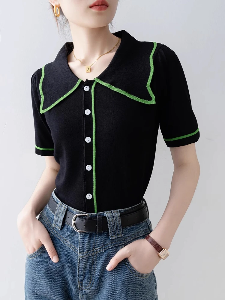 

Contrast Color Green Edge French Doll Neck Ice Silk Short Sleeve T-shirt for Summer High-end Slim Fit Knit Top Elegant Women Top