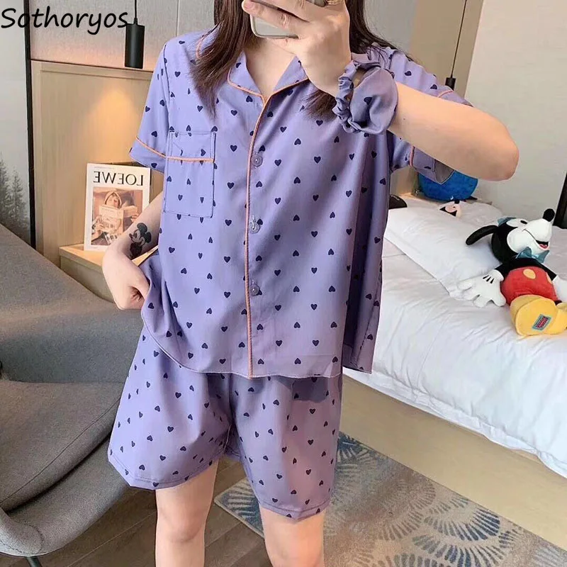 

Summer Short Sleeve Printed Pajama Sets Women Thin Breathable Loose Sweet Turn Down Collar Sleepwear Student Simple Pyjamas 2pcs