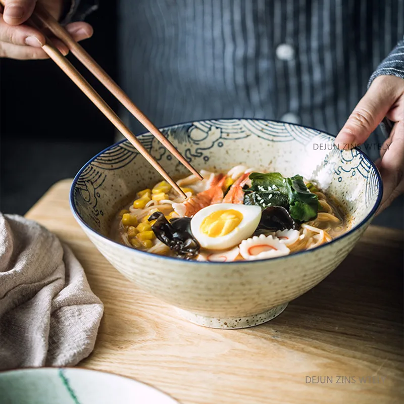 8-inch Ceramic Noodle Bowl Japanese Ceramic Soup Bowl Healthy Underglaze Painted Ramen Bowl Kitchen Tableware Salad Container