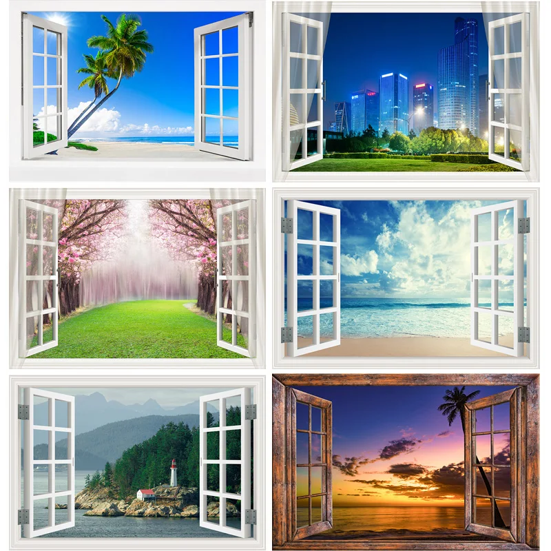 

Wall Poster Open Window Sea Sunset Photography Backdrops Living Room Decoration Banner Beach Photo Studio Background CD-02