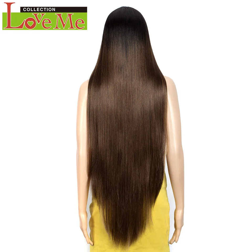 LOVE ME 38 inch Straight Lace Wigs Synthetic Long Straight Hair T Part Lace Wigs Ombre Blonde Brown Cospaly Wigs For Woman