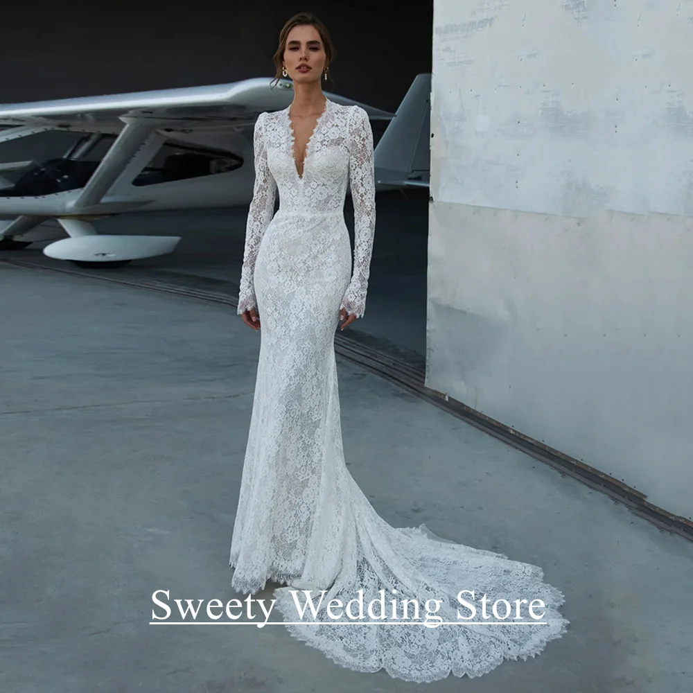 Abito da sposa romantico Abito da sposa a sirena in pizzo Personalizzato scollo a V maniche lunghe Corte dei treni Donna Abiti da sposa arabi
