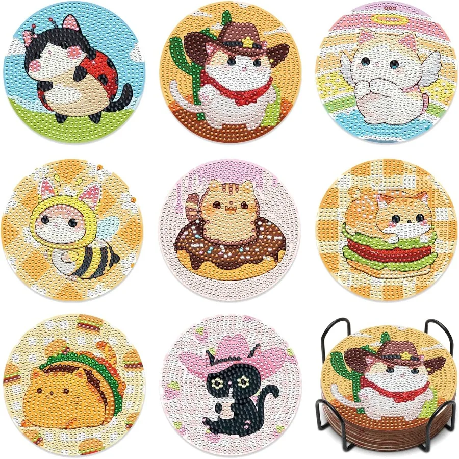 

8PCS Cat Diamond Art Coasters Kits Diamonds Dots for Adults Cats Coaster for Home Office Cat-Lover Gts Painting Coaster