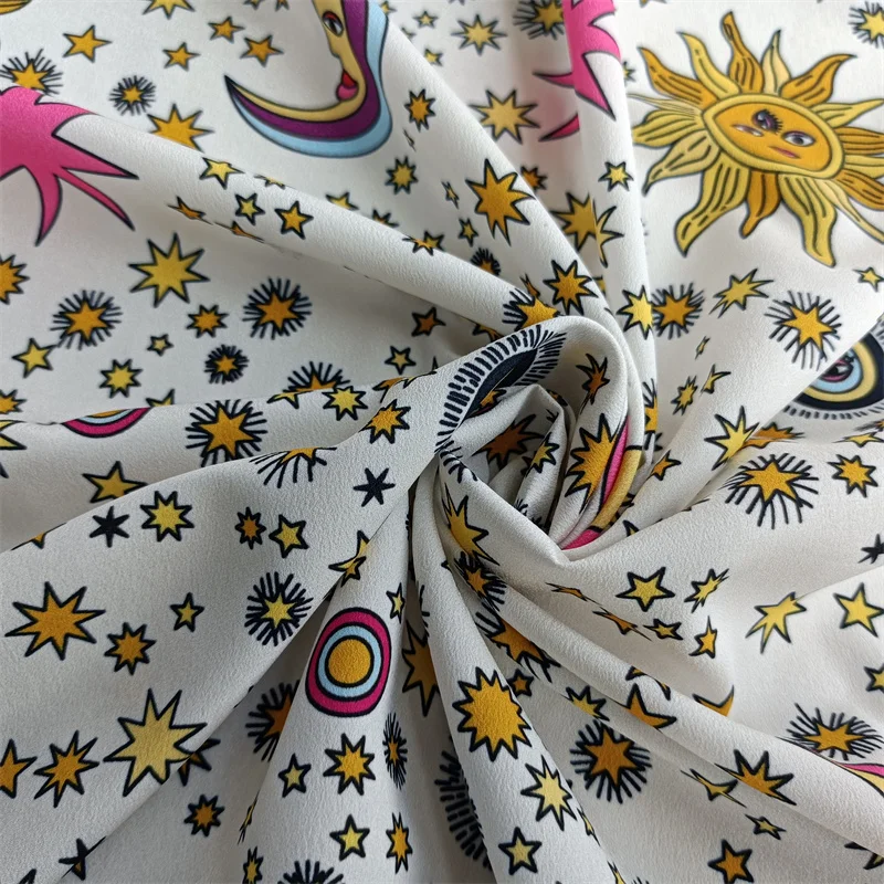 High Quality Printed Sun Moon Polyester Crepe De Chine Fabric Fabrics For Sewing Dress Shirt Fashion Clothing Cloth Per Meter