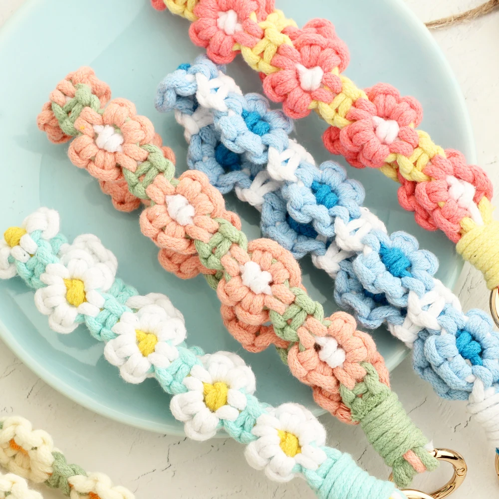 Wholesale New Candy Color Cute Flowers Hand Woven Cotton Rope Keychain