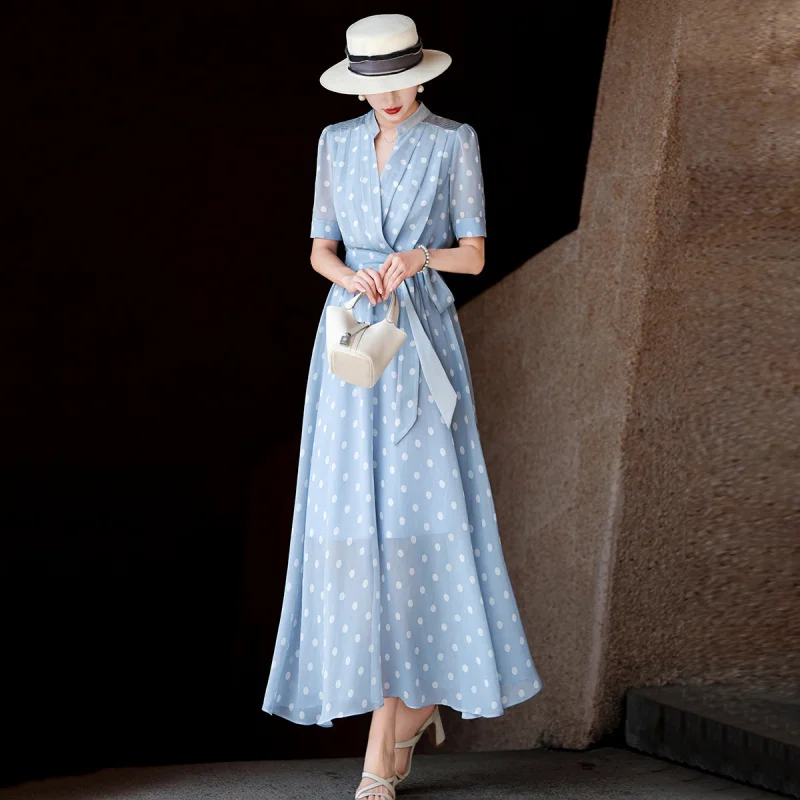 MEXCOCO Women New Summer Casual Commuter Turn Down Collar Zipper Drawstring Waist Cinched Half Sleeve A Line Dress