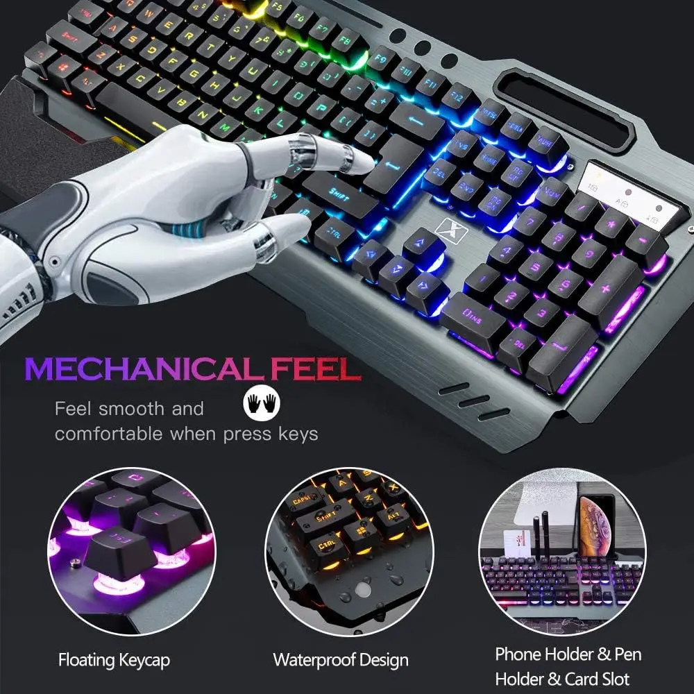 K680 Wireless Gaming Keyboard and Mouse Combo,Rainbow LED Backlit Keyboard with Rechargeable 3800mAh Battery Metal Panel