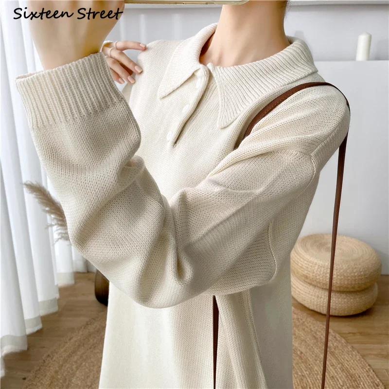 Apricot Oversized Knitted Dress Women Autumn  Turn-down Collar Long Wool Dress Ladies Office Loose Sweater Vestidos Winter