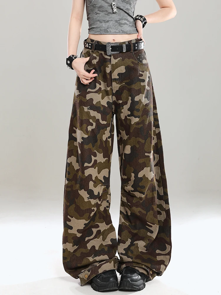 

Американские ретро-брюки камуфляжные рабочие женские летние новые свободные повседневные прямые широкие брюки с завышенной талией в уличном стиле