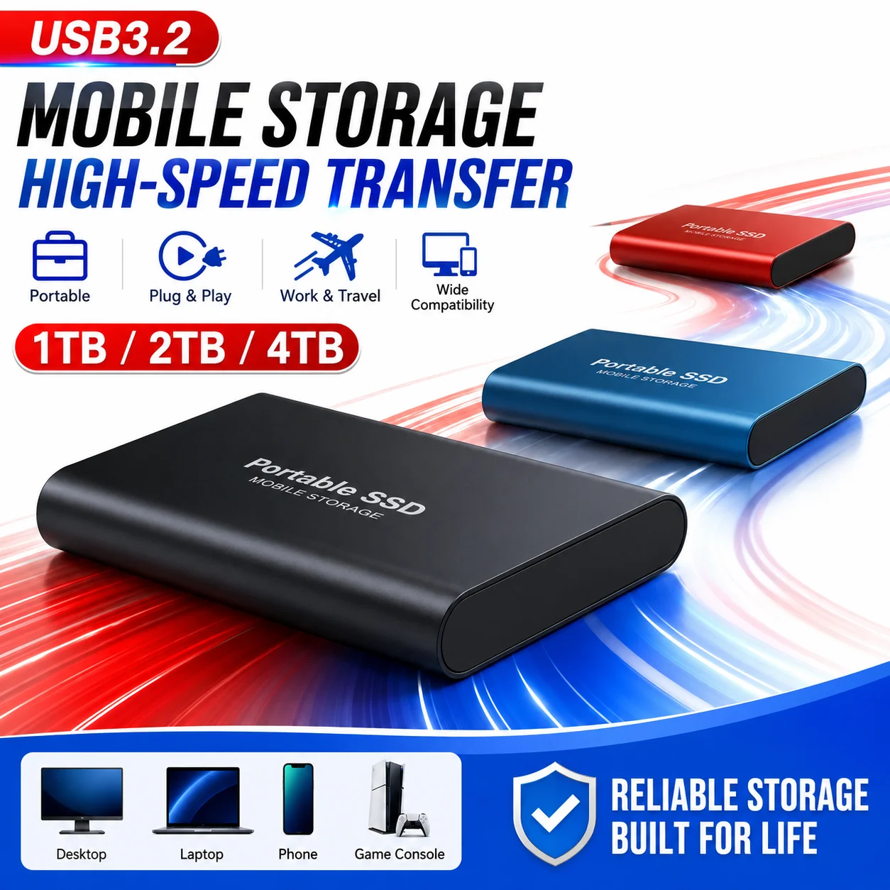 Portable SSD 1TB 2TB 4TB External Hard Drive High Speed Data Transfer Solid State Drive USB Type C Storage for Laptop PC Mac