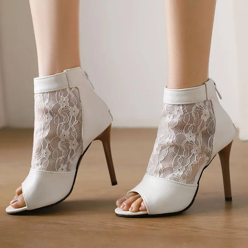 

ORCHA LISA Shoes Women New Women Peep Toe Ankle Booties 11cm Stiletto Heel Breathable Zipper Black Plus Size 48 50 Summer Style