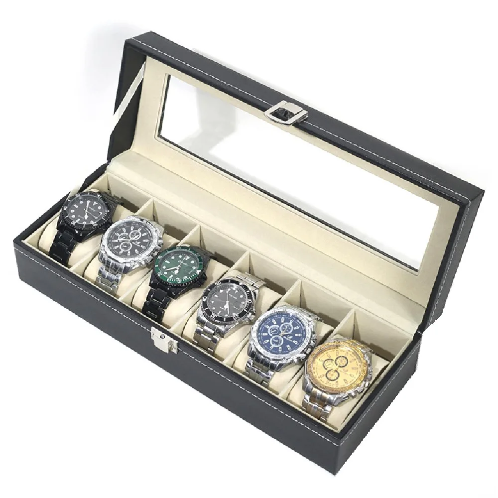 

Lockable Watch Storage Box Removable Watch Pillows Leather Watch Display Box Flocking Cloth with Large Glass Lid Jewelry Box