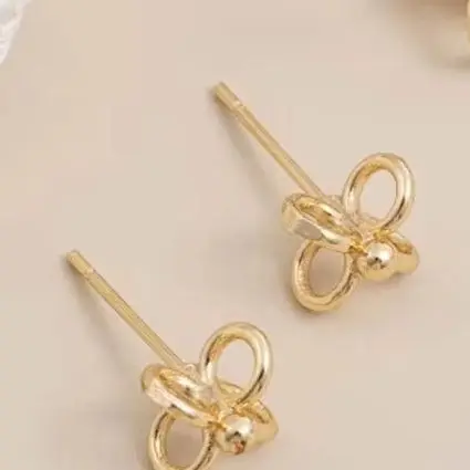 1Pair S925 Silver Needle Stud Earrings with Four Rings Handcrafted 14K Real Gold Wrapped DIY Earring Accessory Material