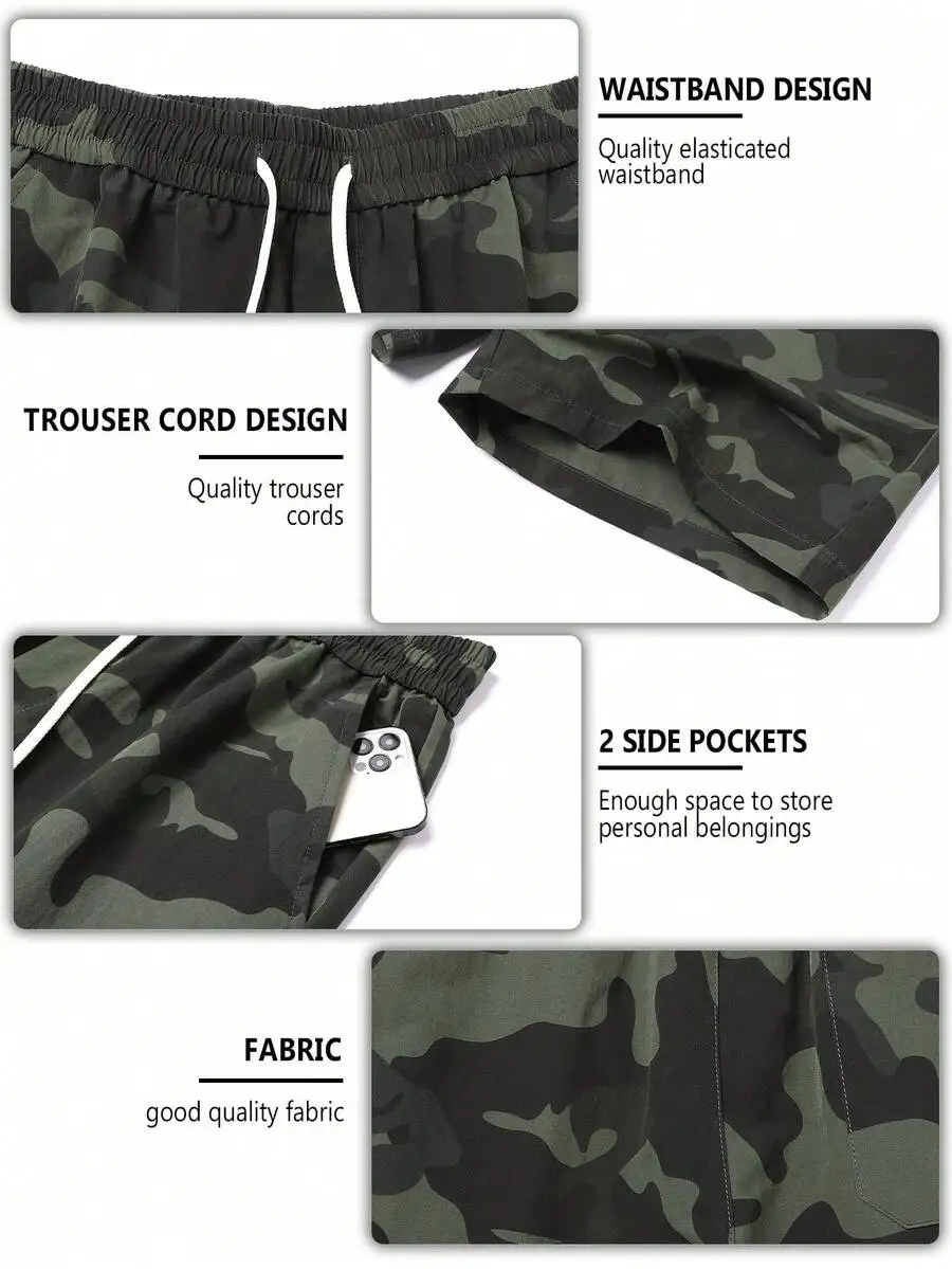 Mens Camouflage Cargo Shorts Loose Fit Elastic Waist Multi Pocket Outdoor Casual Shorts