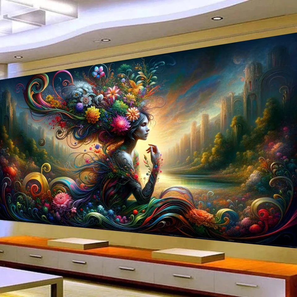 Fantasy Art,Beauty Woman with Vibrant Flowers,Surreal Landscape DIY 5D Large Diamond Painting Mosaic Embroidery Cross Stitch Kit