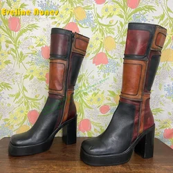 Platform Plaid Patchwork Retro Women's Knee High Boots Square Toe Block Heels Zipper Closure Large Size Modern Boots 2024 Winter