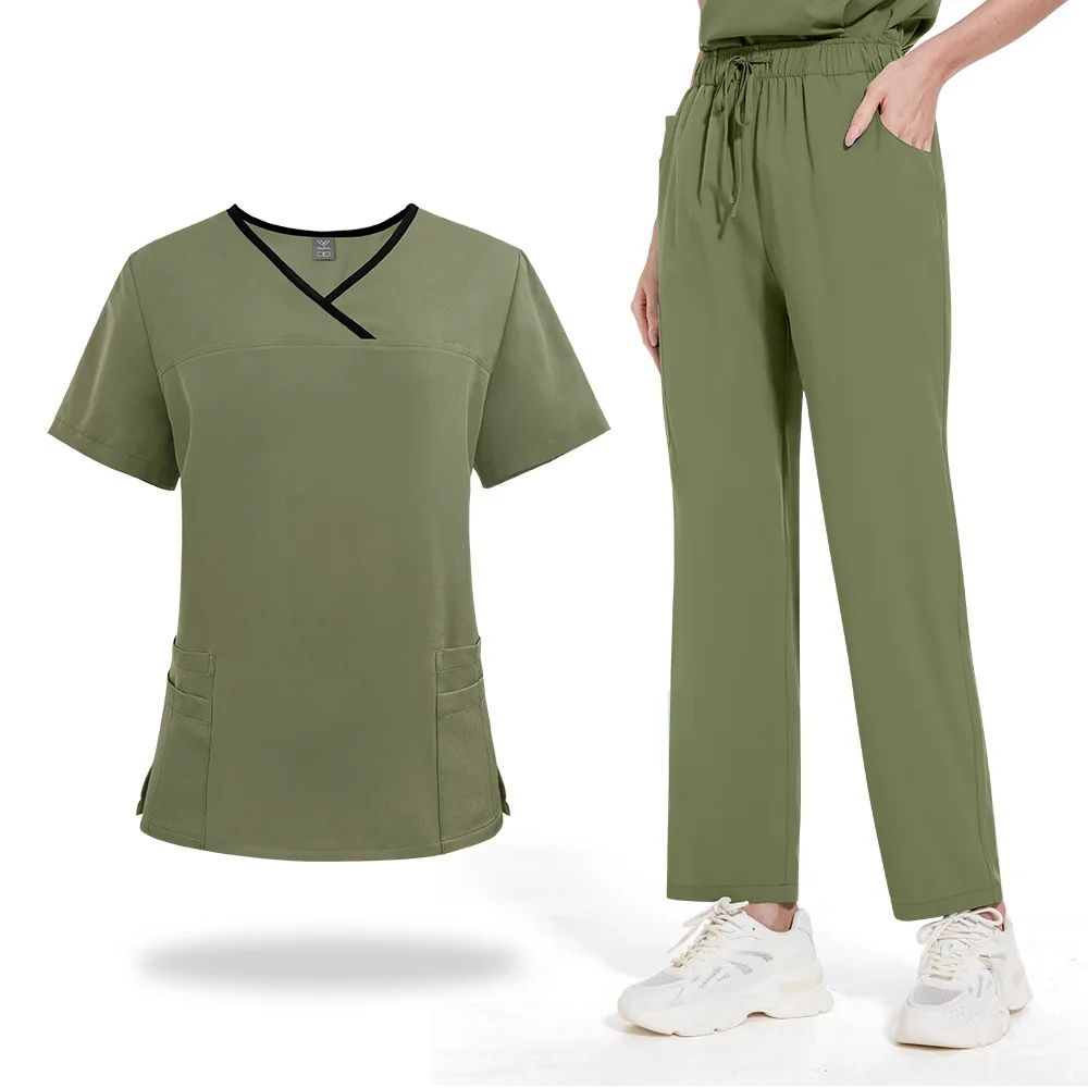 Farbblock-gewaschenes Hemd, locker, bequem, medizinisch, gerade, Laborkittel, kurze Ärmel, lange Hosen, zweiteiliges Set, Unisex-Krankenschwesteruniform