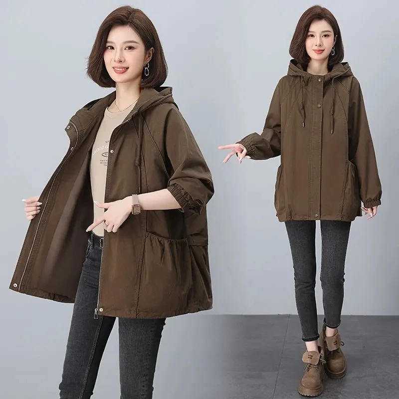 2025 Spring Autumn New Mid-Length Trench Coats Loose Casual Women's Windbreaker Long Sleeve Pockets Solid Hooded Jackets Trend