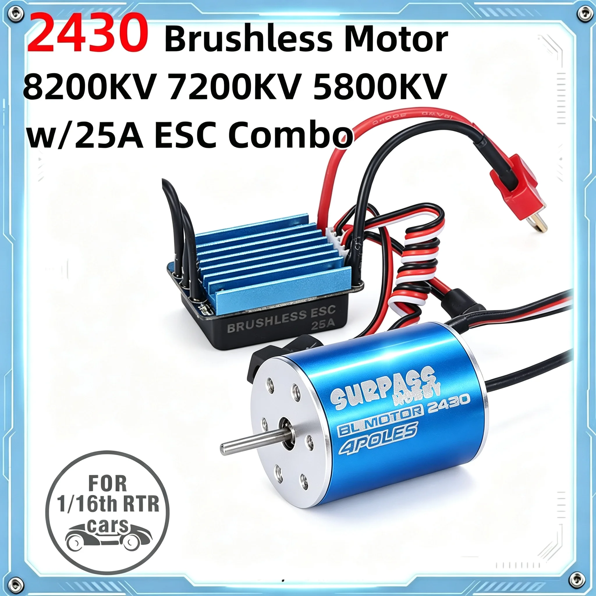 Бесколлекторный двигатель Surpass Hobby 2430 и регулятор скорости 25A (комбо) 5800KV 6300KV 7200KV 8200KV для радиоуправляемых моделей 1/16 1/18 (автомобили, лодки, дроны).