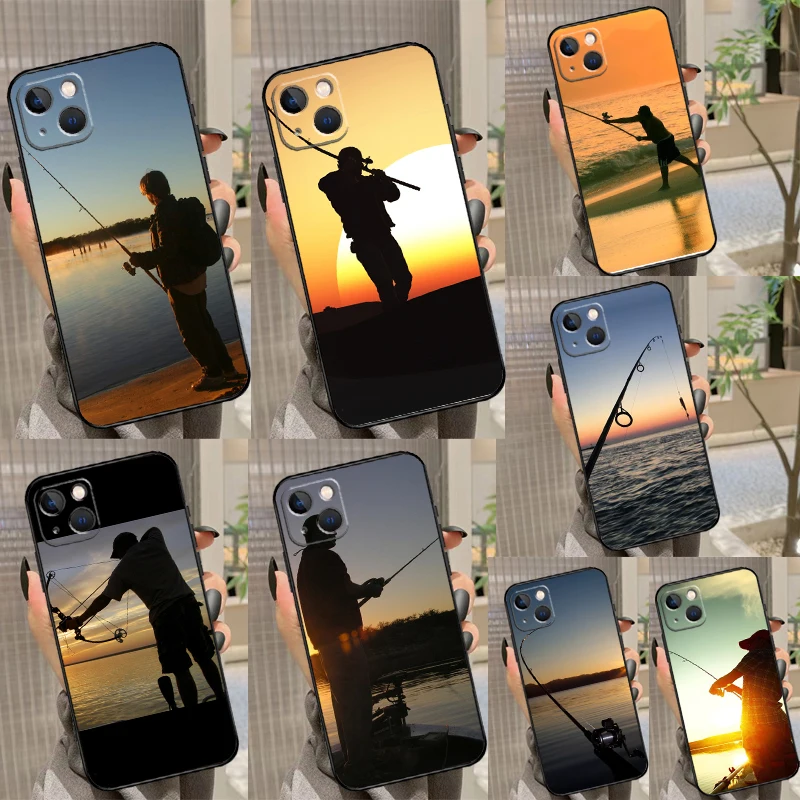 Funda para iPhone 11 12 13 14 15 16 Pro Max XS X XR Plus 12 13 mini, caza, pesca y puesta de sol