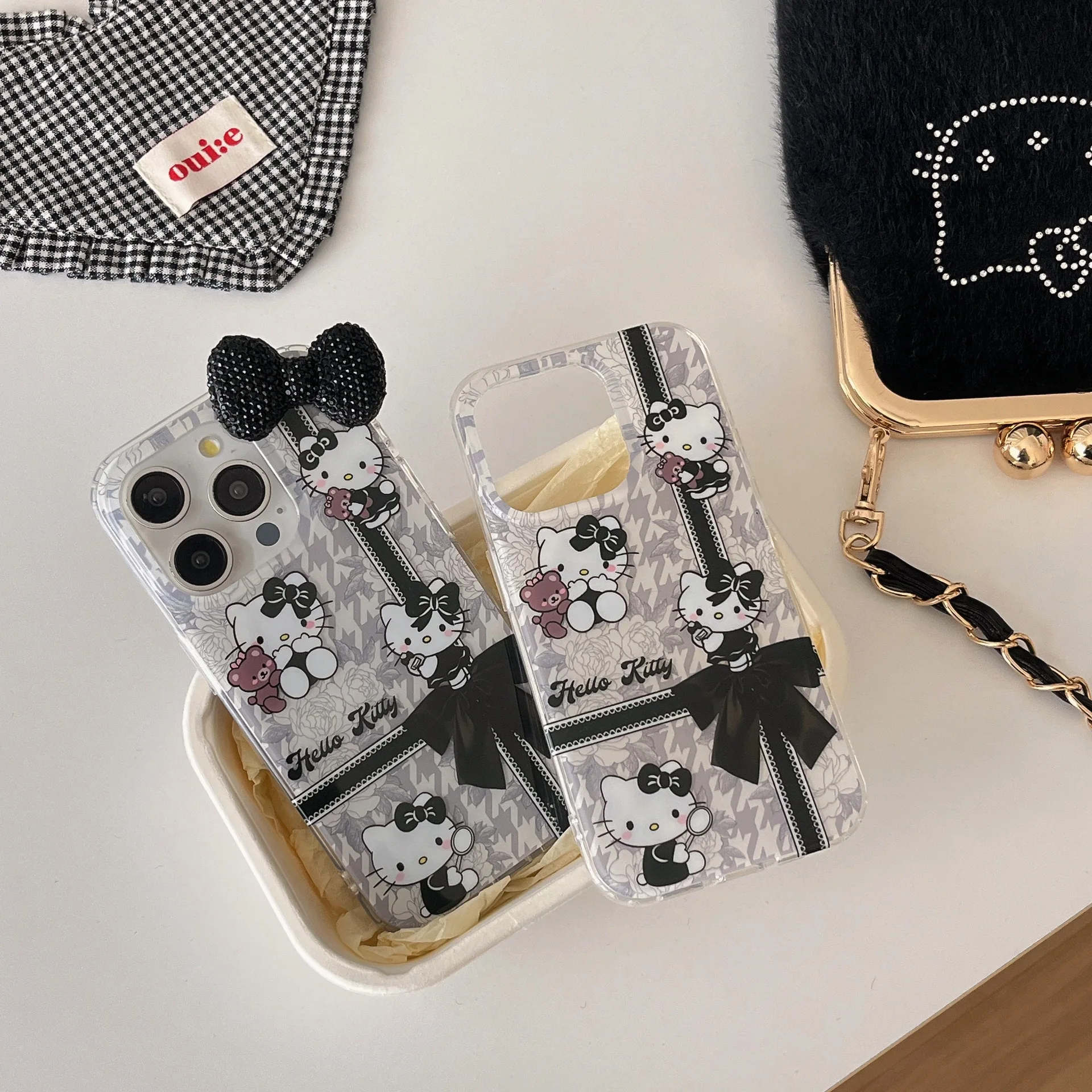 Cartoon Black Bow Cat Phone Case for IPhone 16pro 15promax/14 13 12 11 Hellokitty Back Rope All Inclusive Soft Cover Girls Gift