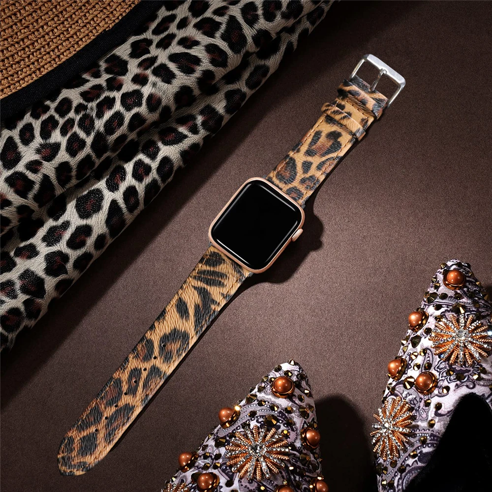 Leopard Strap For Apple Watch Band 45mm 38mm 40mm 41mm 42mm 44mm 49mm Luxury Leather Bracelet for iWatch 9 Ultra 2 8 SE 7 6 5 4