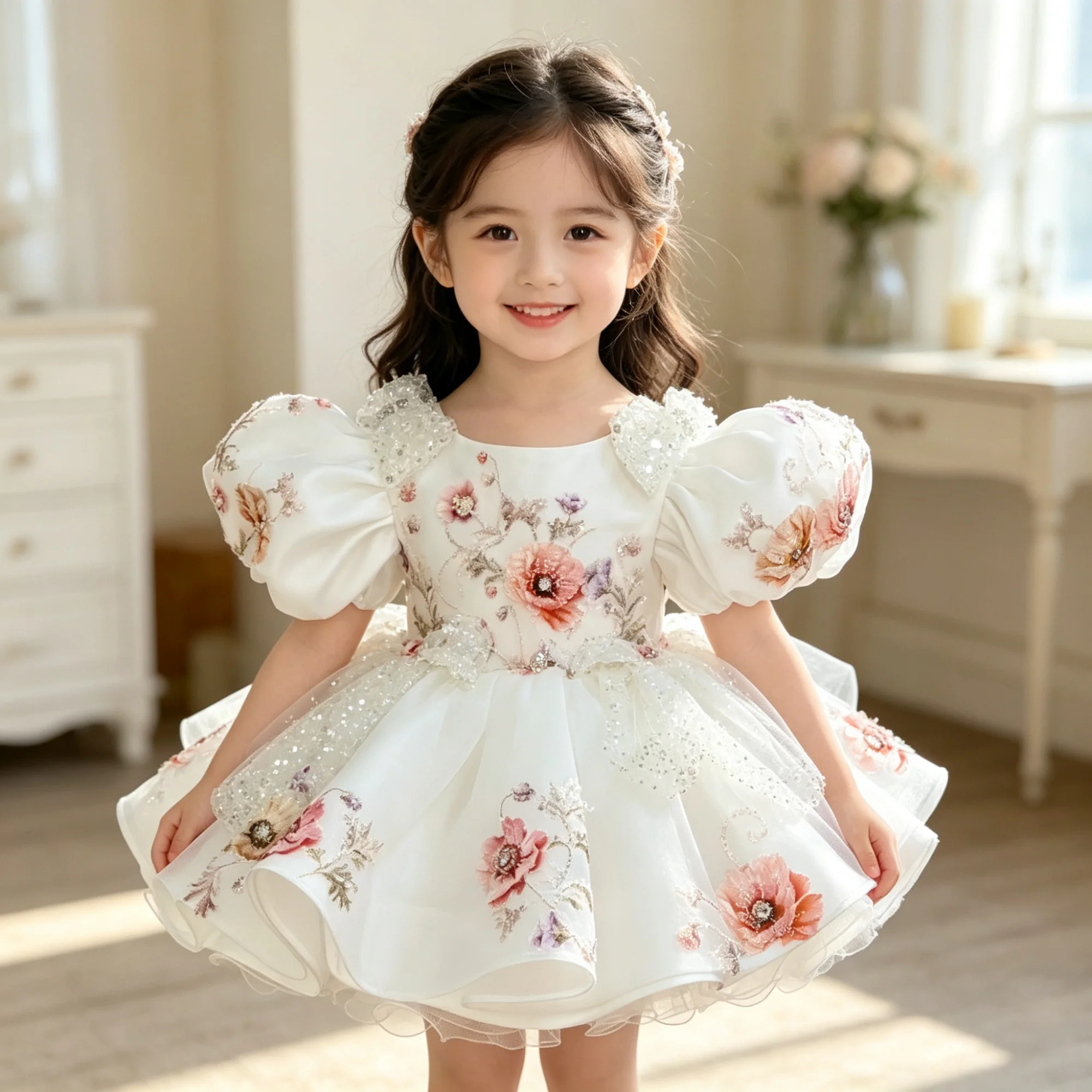 Weißes Mädchenkleid mit Puffärmeln, Prinzessinnenkleid mit Blumenstickerei und Pailletten, Ballkleid für Kinder, Blumenmädchenkleid für Hochzeit, Taufe, Geburtstag, Party – Detail 3