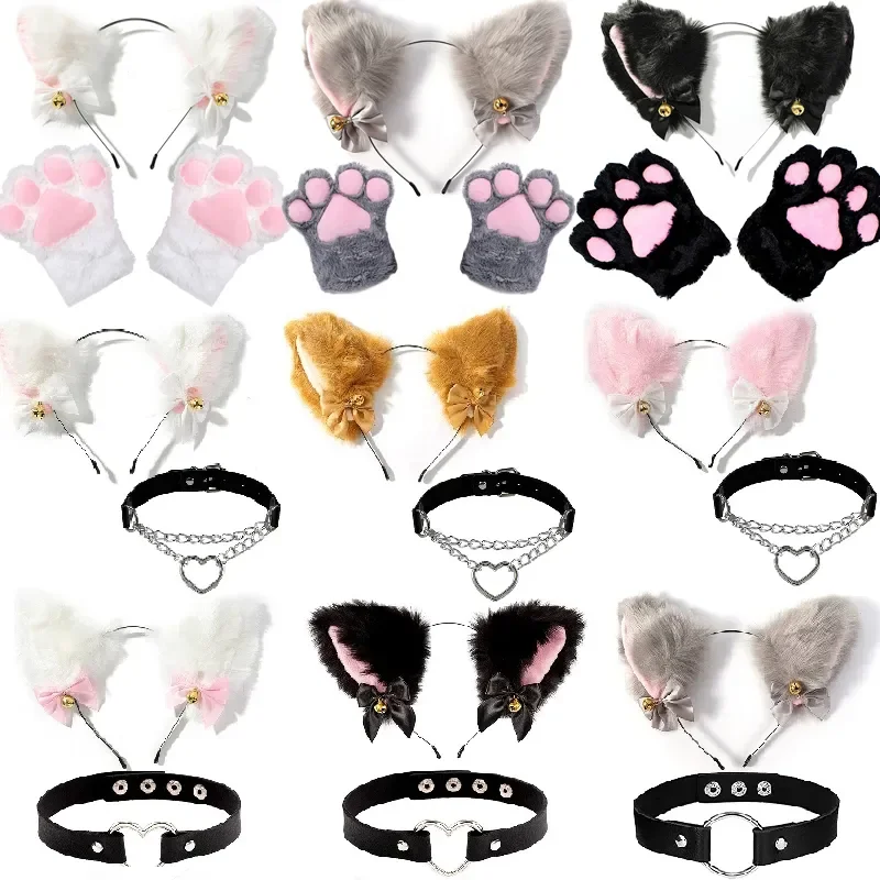 Cat Ear Bow Headband Necklace Cat Claw Gloves Cosplay Plush Bell Hairband Women Girl Masquerade Party Headwear Hair Accessories