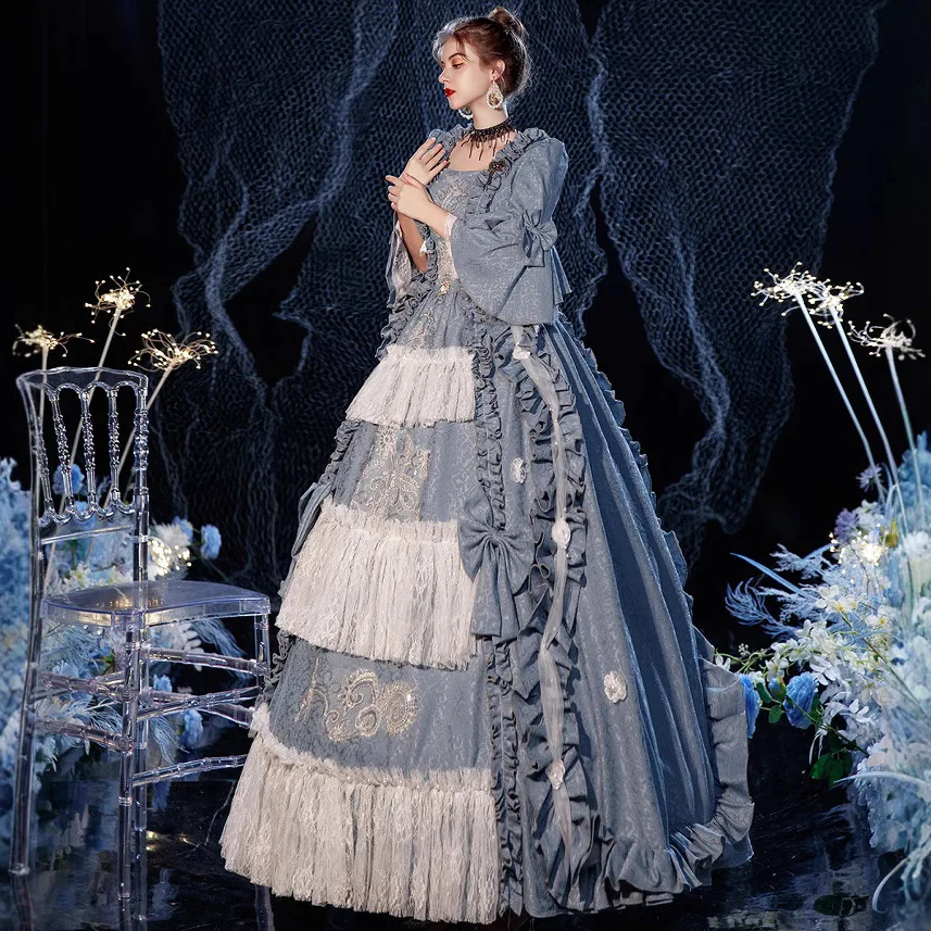 Sky Blue French Print Luxury European Court Clothing Queen Mary Photo Studio Annual Performance Dress Vestidos De Fiesta De Lujo