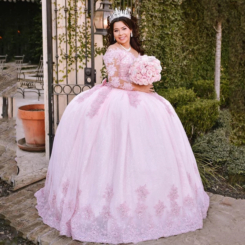 Vestido de baile de princesa brillante rosa, quinceañera, dulce, hombros descubiertos, tren de barrido, apliques, cuentas, tul, 15 niñas