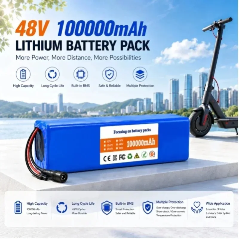 48V Lithium-Akku 100Ah 100000mAh 13S2P Wiederaufladbarer Akkupack mit BMS für 250W 350W 500W 750W 1000W E-Bike Elektroroller DIY-Akku Kostenloses 54,6V Ladegerät Mehrfachanschlüsse