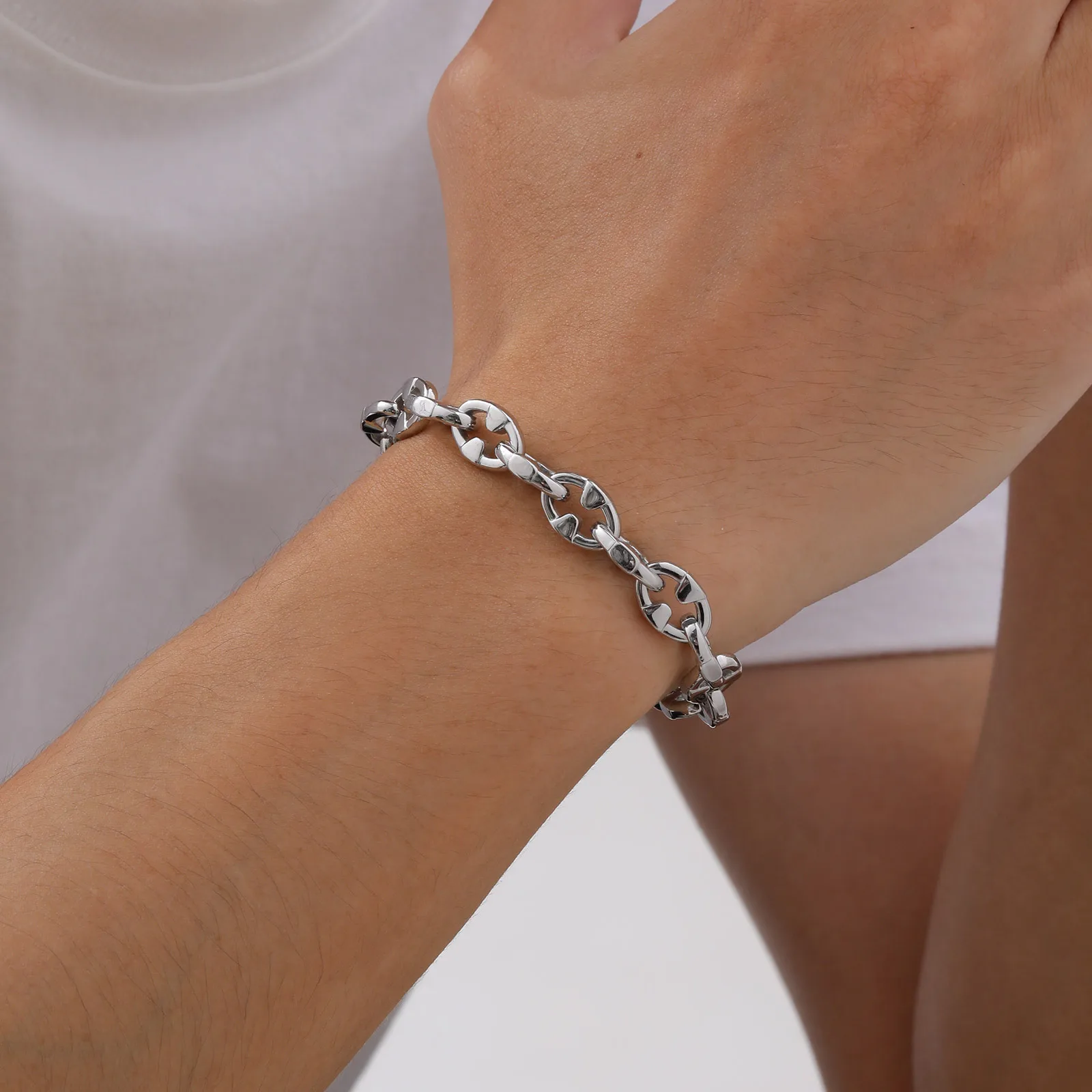 

Women Men's Simple Stainless Steel Coffee bean Link Chain Bracelet 8.5mm 8.66''