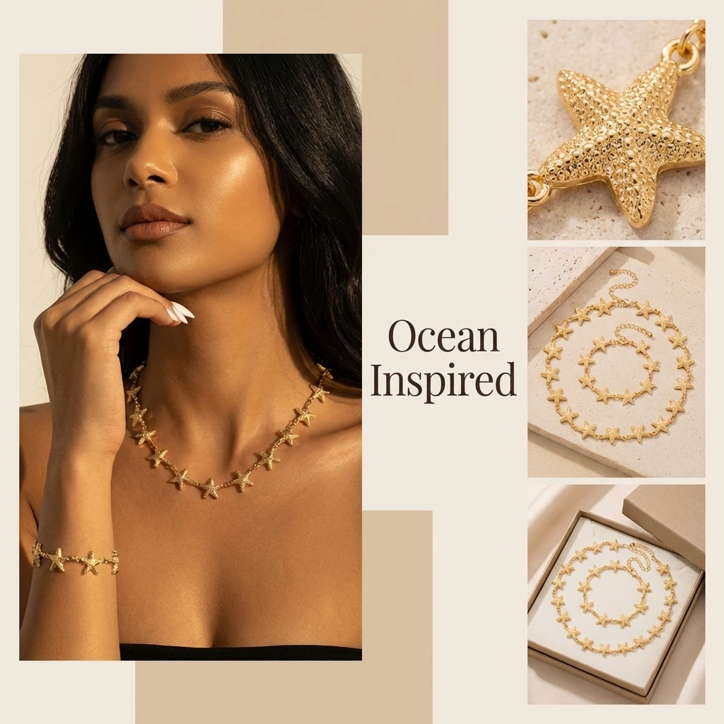 Boho Goldfarben Seestern Halskette und Armband Set für Frauen Strand Ozean Thema Kette Armreif Schmuck Sommer Urlaub Accessoires Geschenk – Detail 9