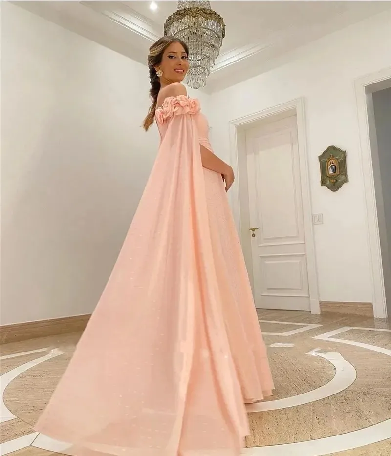 

Flora Dress Pink Chiffon A-Line Evening Dresses Long Shawl Sleeves Floor Length Formal Prom Party Gowns فساتين السهرة 2023