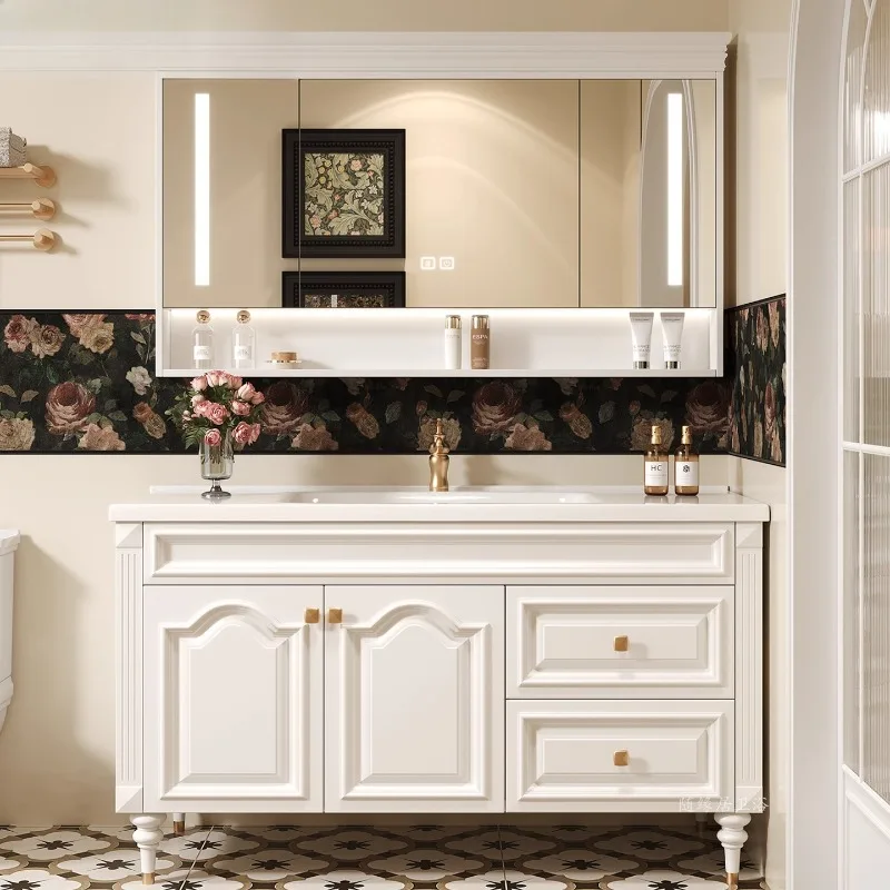 

Французский винтажный дубовый шкаф для ванной комнаты, комбинированная ванная комната, американский умывальник, шкаф для умывальника, керамическая встроенная раковина