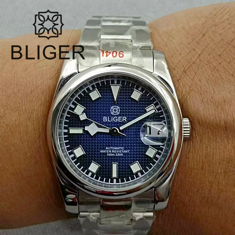 

BLIGER 36mm/39mm Mens Mechanical Watch NH35 PT5000 Movement Sapphire Glass Date Blue Dial Snowflake Hand Luminou Polished Bezel