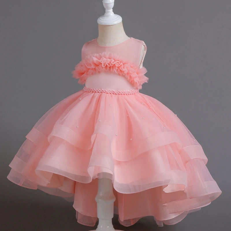 Baby Girl Wedding Party Christening Elegant Luxury Pink Tulle Dresses 2 3 5 8 10 To 12 Years Old Kids Gala Presentation Clothes