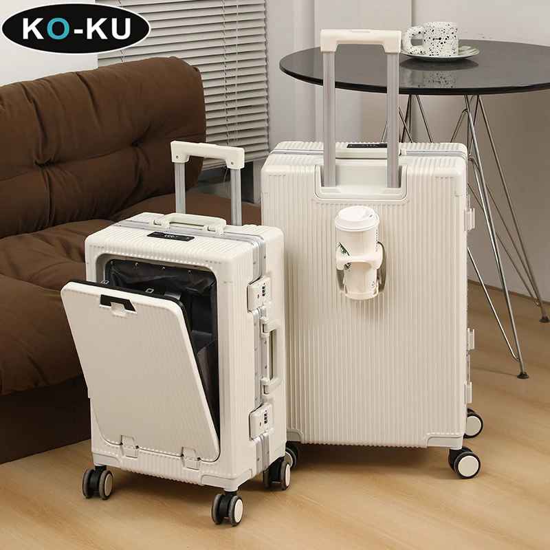 KO-KU Front Opening Suitcase 24 Inch Aluminium Frame Large Capacity USB Charging With Cup Holder Trolley Case 20\'\' Boarding Box