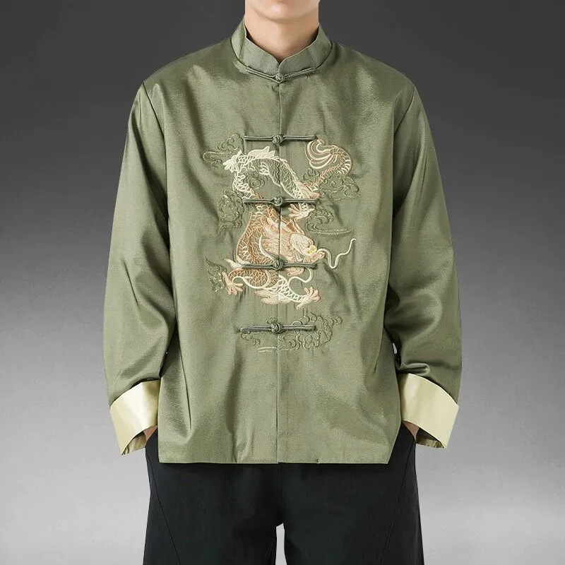 

Retro Dragon Pattern Embroidery Men's Jaet Youth Chinese Sle Button up Tang Costume Outerwear Stand Fit Spring Autumn