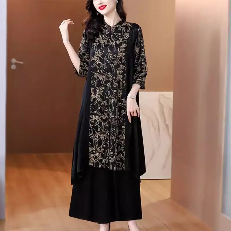 

Trousers Suit 2024 Spring Autumn Mothers Temperament Oversized Loose Improved Cheongsam Top Wide Leg Pants Set Two Piece K834