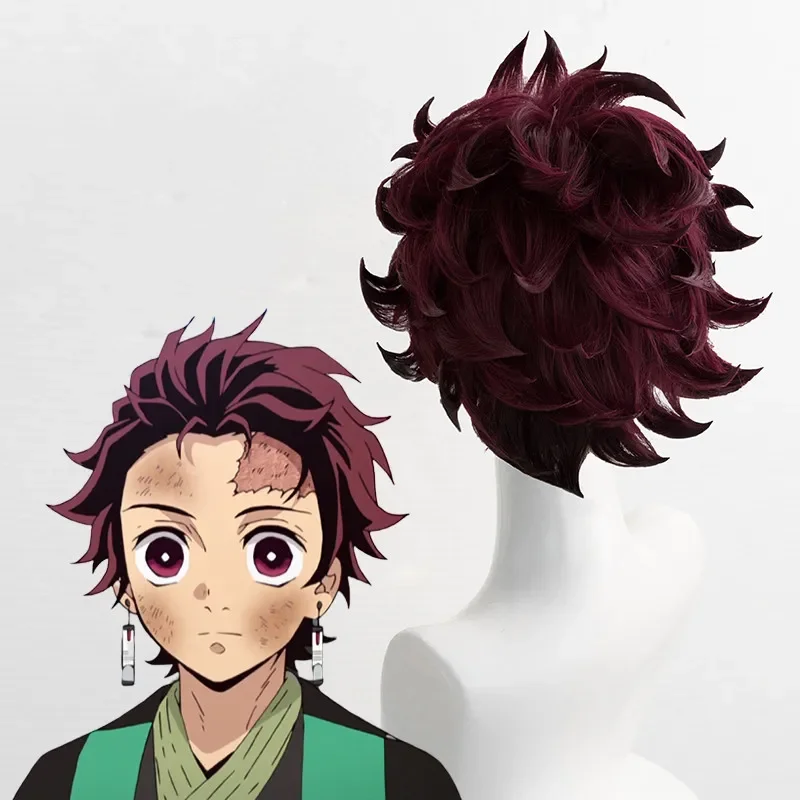 Dämonentöter Tanjiro Kamado, kurzes kastanienbraunes hitzebeständiges Haar, Cosplay-Perücke, synthetisch